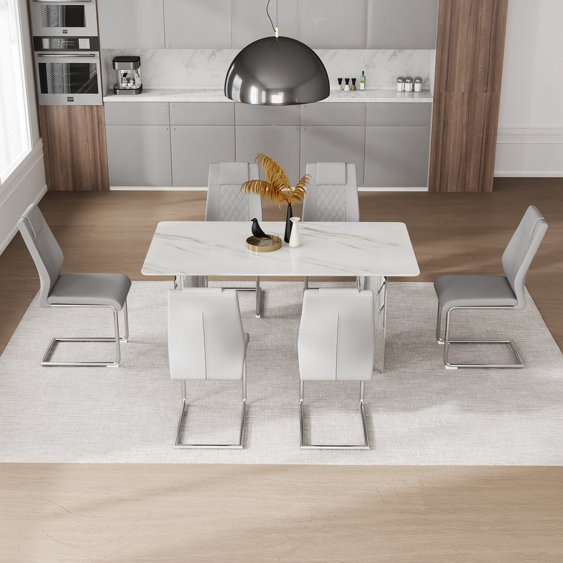 Table And Chair Set, Modern And Minimalist Dining Table. Imitation Marble Glass Sticker Desktop, Stainless Steel Legs, Stable And Beautiful. Comfortable Pu Seats. Dt 69 Silver Glass