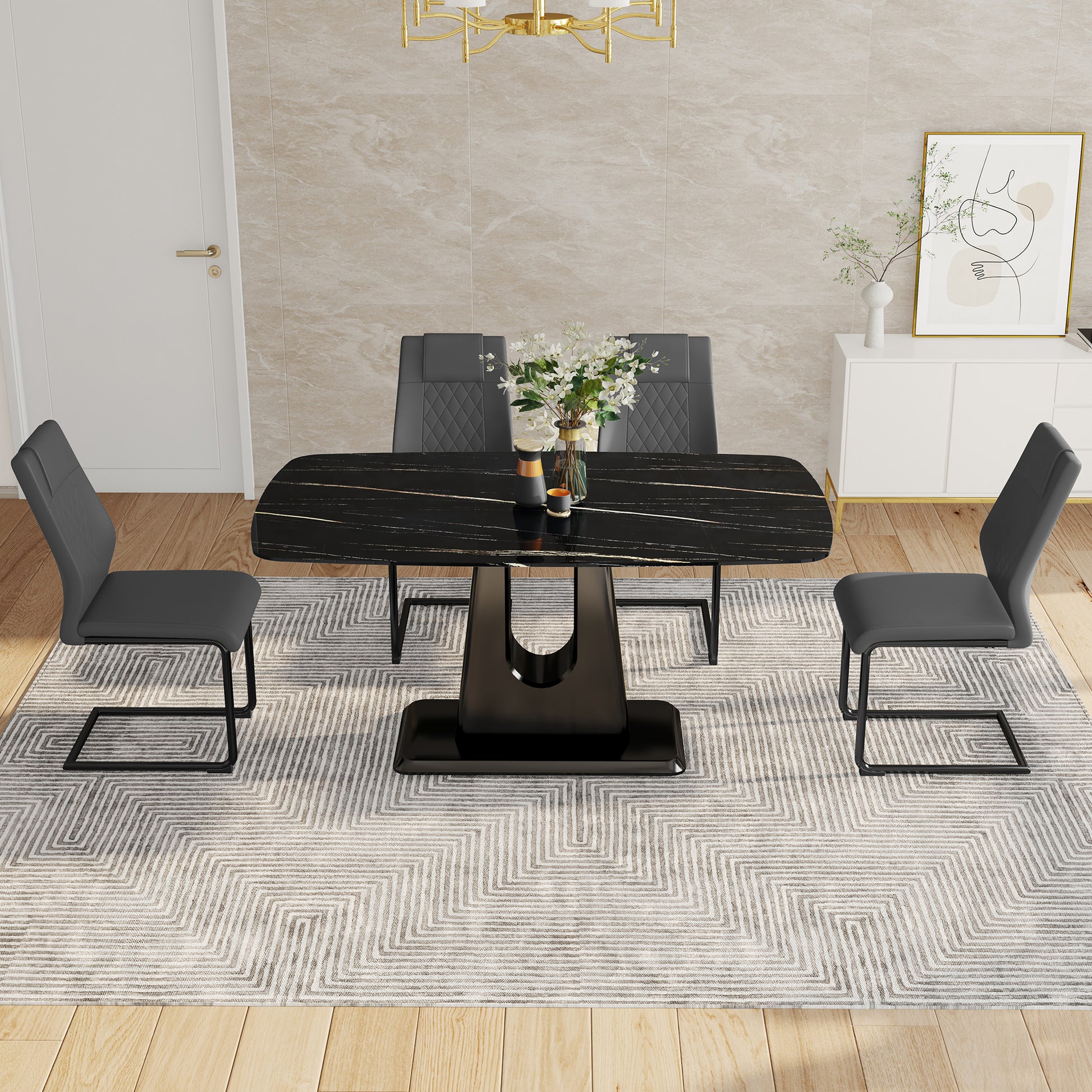 Table And Chair Set, Minimalist Dining Table, Imitation Marble Patterned Glass Tabletop, Mdf Legs With U Shaped Brackets. Paired With Comfortable Chairs, Suitable For Dining And Living Rooms. Black Mdf Glass