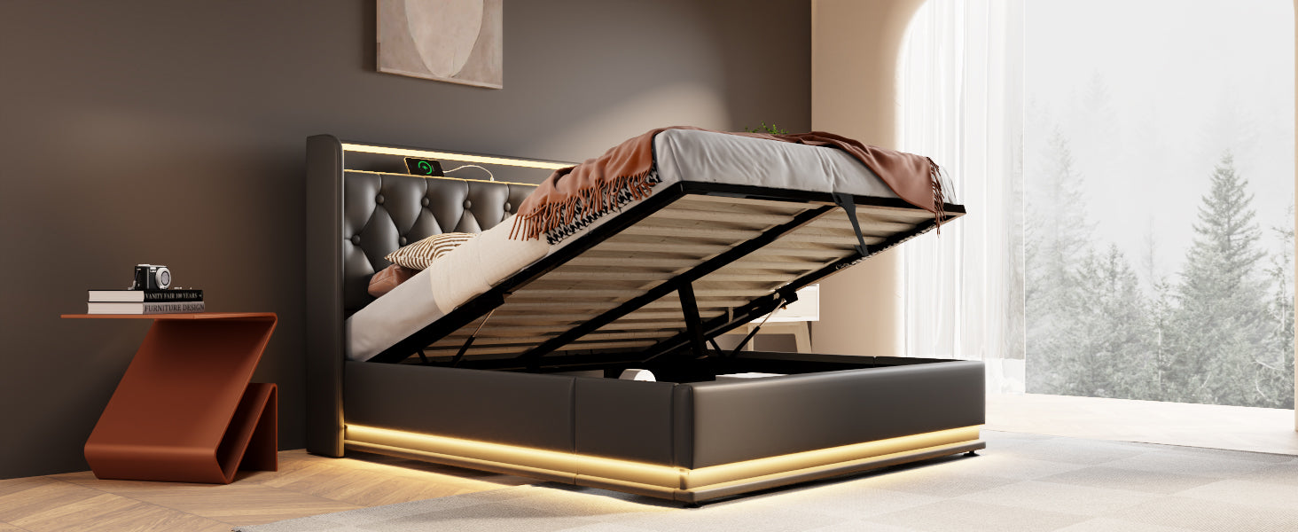 Full Size Upholstered Bed, 360 Surround Led Function, Buttons Apps Remote Control, Hydraulic Storage Bed With Usb Type C Charging, Black,Pu Without Mattress Full Black Pu