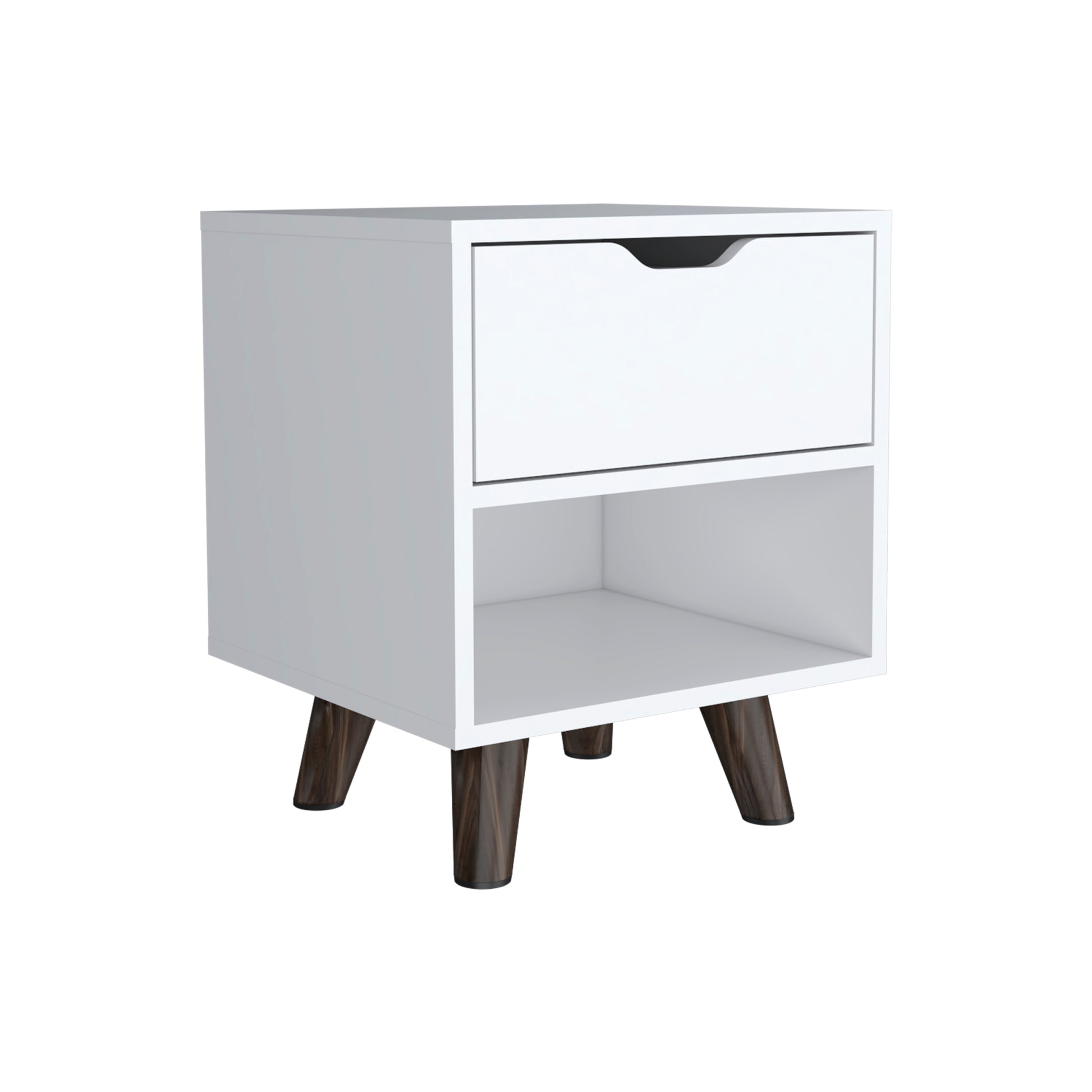 Crail Nightstand With 1 Open Storage Shelf, 1 Drawer And Wooden Legs White 1 Drawer Bedroom Open Storage Modern Drawers Particle Board Engineered Wood