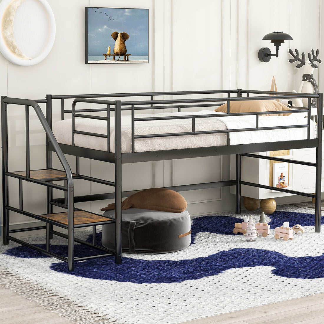 Mid Loft Bed With Storage Stairs, Twin, Black Twin Black Mdf Metal