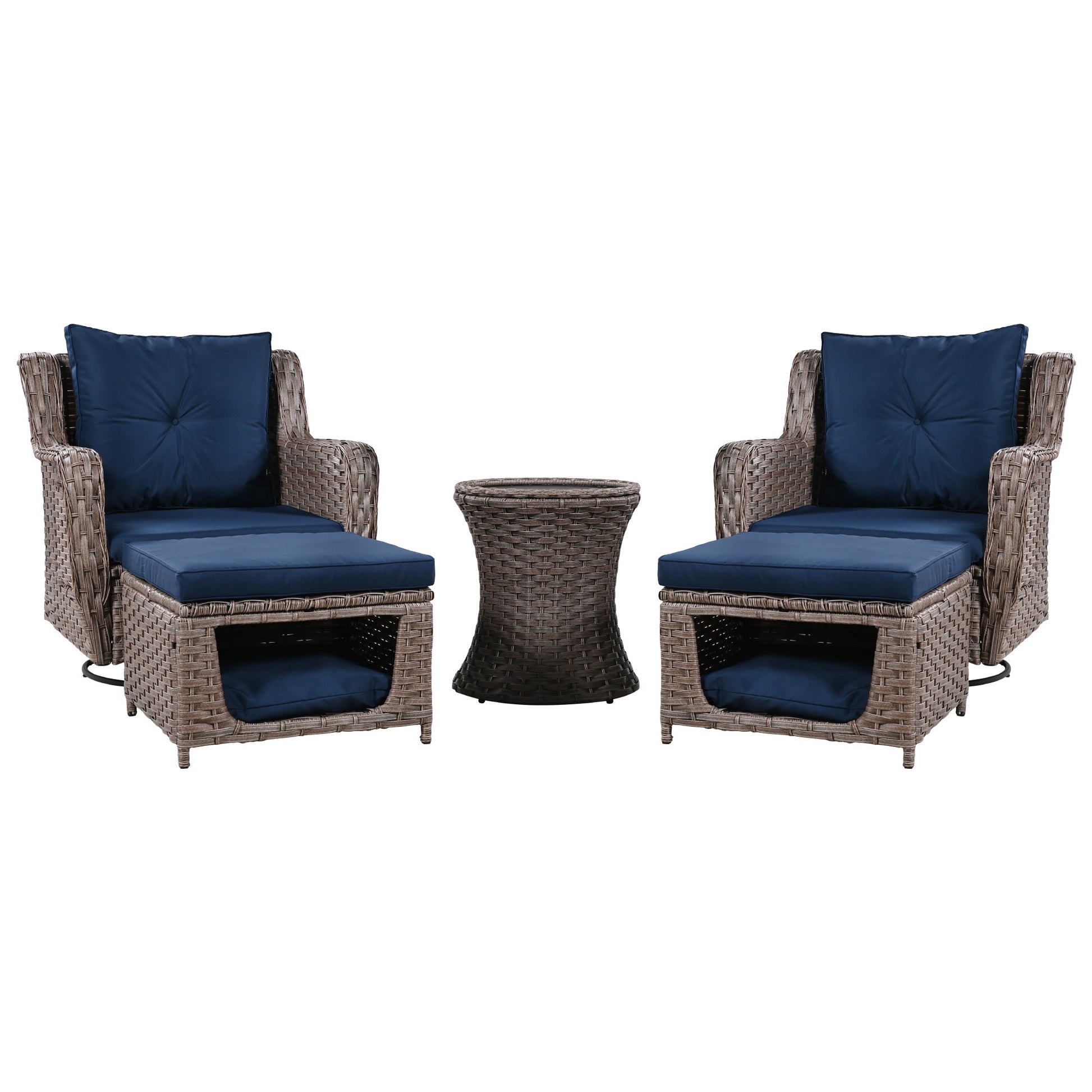 K&K 5 Pieces Outdoor Patio Furniture Set With Pet House Cool Bar And Retractable Side Tray, Rattan Wicker Patio Swivel Rocking Chairs Set Of 2 With Ottomans For Backyard, Porch, Balcony, Navy Blue Yes Rocker & Glider Navy Blue Seats 2 Weather Resistant