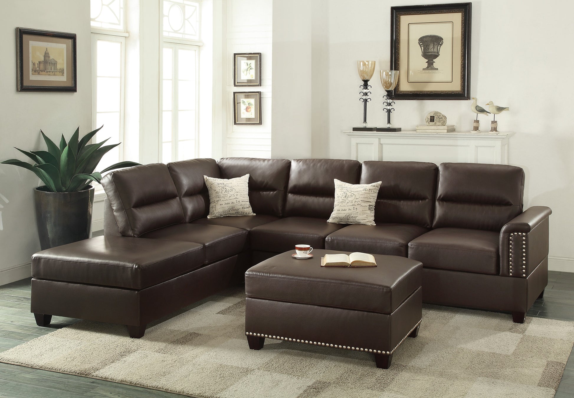 Contemporary 3 Pcs Reversible Sectional Set Living Room Furniture Espresso Faux Leather Couch Sofa Chaise Ottoman Espresso Faux Leather Primary Living Space Cushion Back Contemporary,Modern,Transitional L Shaped Rubberwood Faux Leather 5 Seat