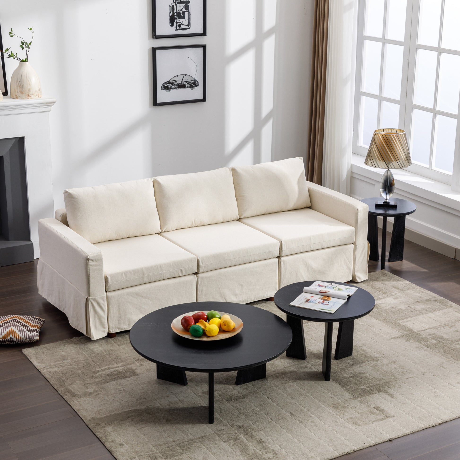 3 Seat Module Sectional Sofa Couch,Seat Cushion And Back Cushion Removable And Washable,Linen Fabric Cover,Cream Cream Wood Medium Soft Rubberwood Foam Linen 3 Seat