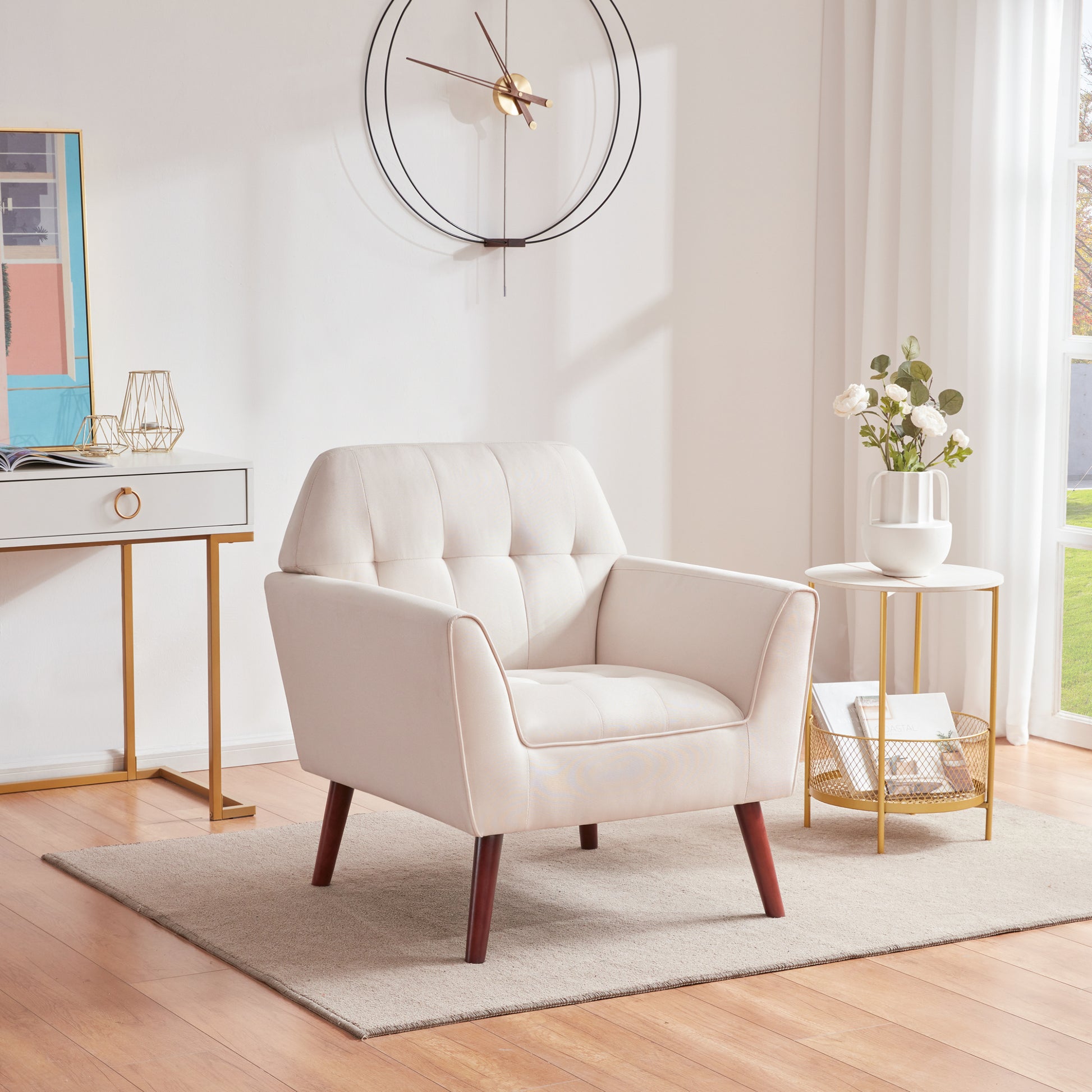 Accent Chairs For Bedroom, Midcentury Modern Accent Arm Chair For Living Room, Linen Fabric Comfy Reading Chair, Tufted Comfortable Sofa Chair, Upholstered Single Sofa White Bedroom Modern Solid Wood