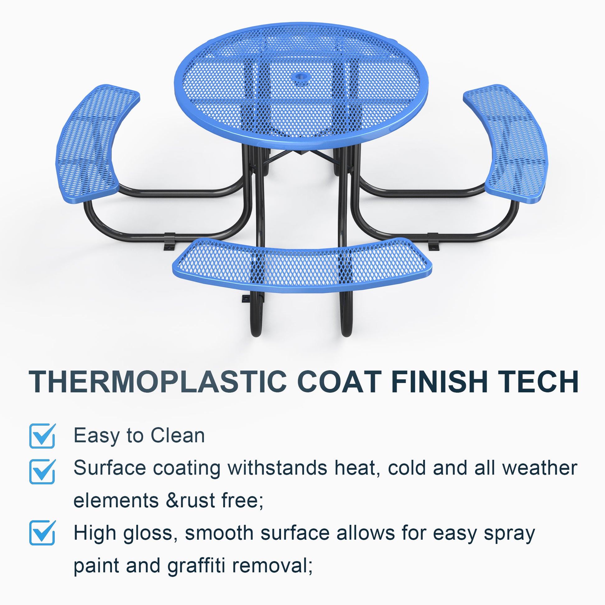 Round Outdoor Steel Picnic Table 46" Blue ,With Umbrella Pole,Blue Blue Steel Steel