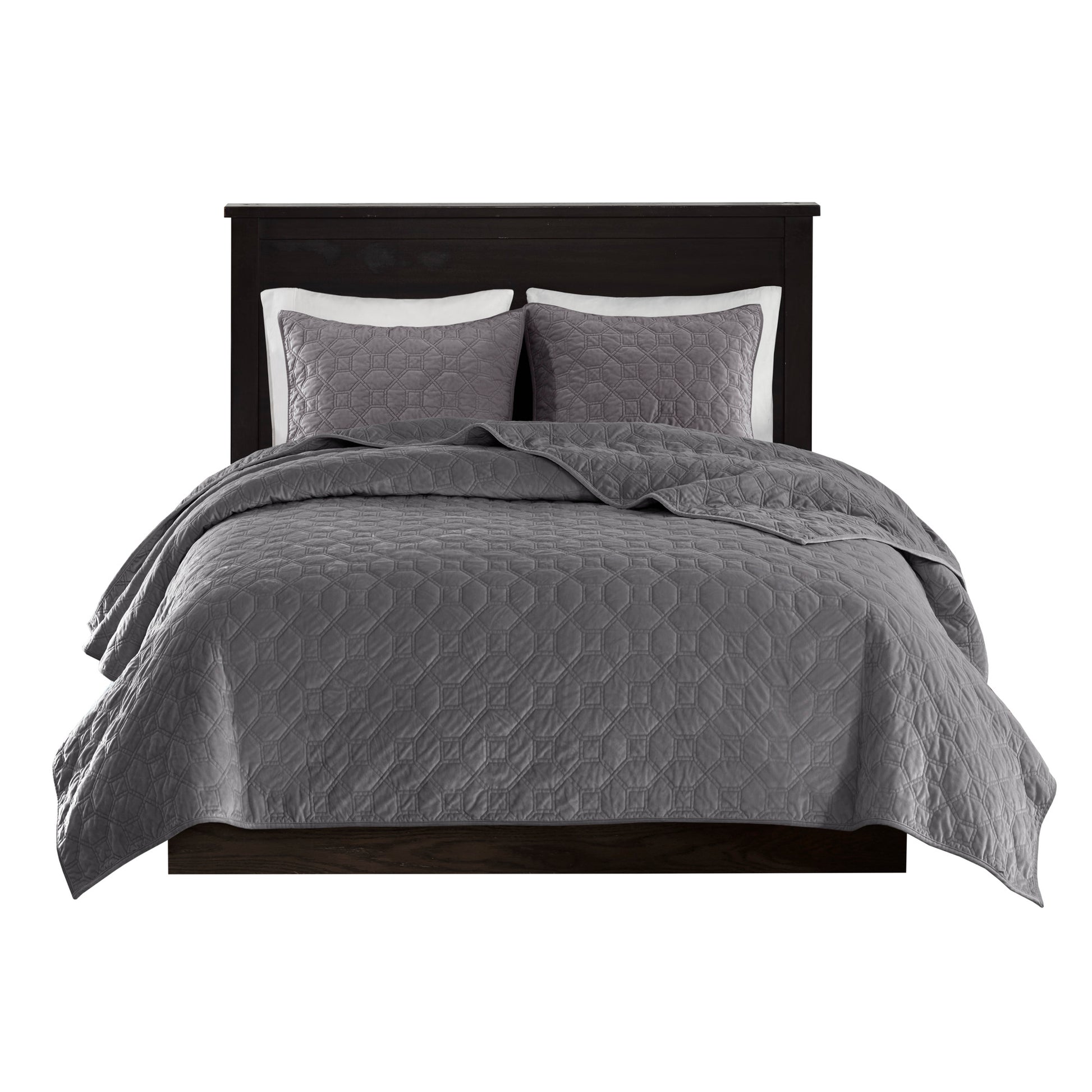 3 Piece Velvet Quilt Set Grey King Cal King King Grey Cotton