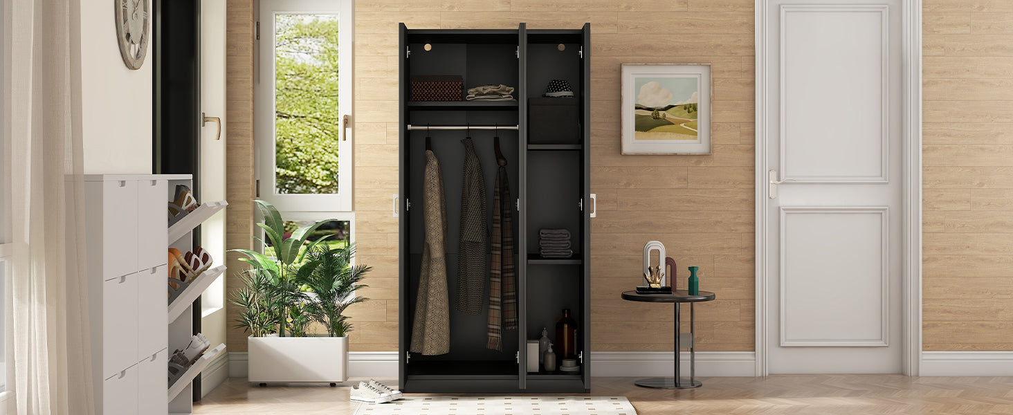 3 Door Wardrobe With Mirror, Armoire With Hanging Rod And 3 Fixed Shelves,Black Black Particle Board