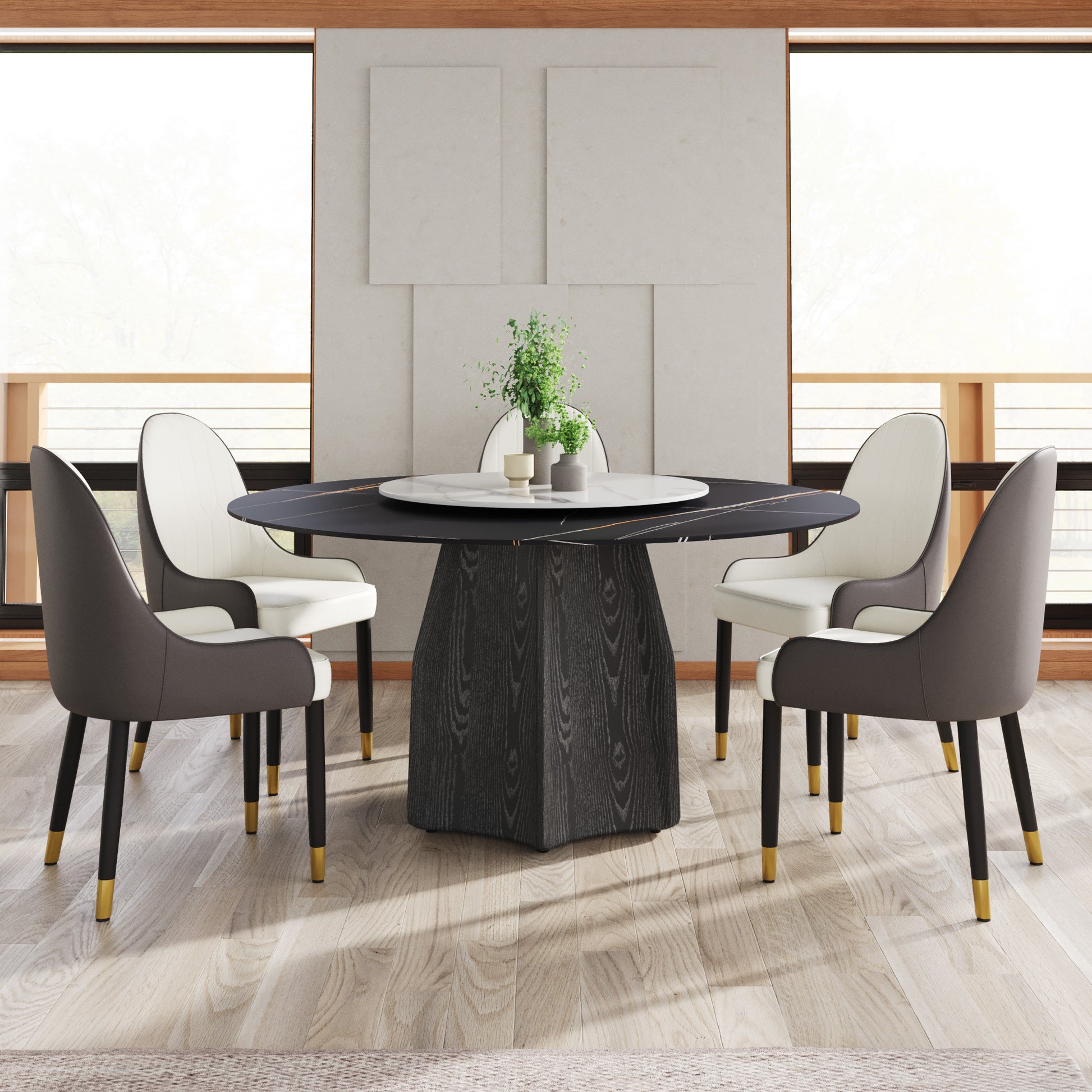 59.05" Round Marble Dining Table With Black Textured Solid Wood Base, Artificial Marble For 6 8 People, 31.5"White Artificial Stone Turntable,White&Black Dining Table Only Black,White Dining Room