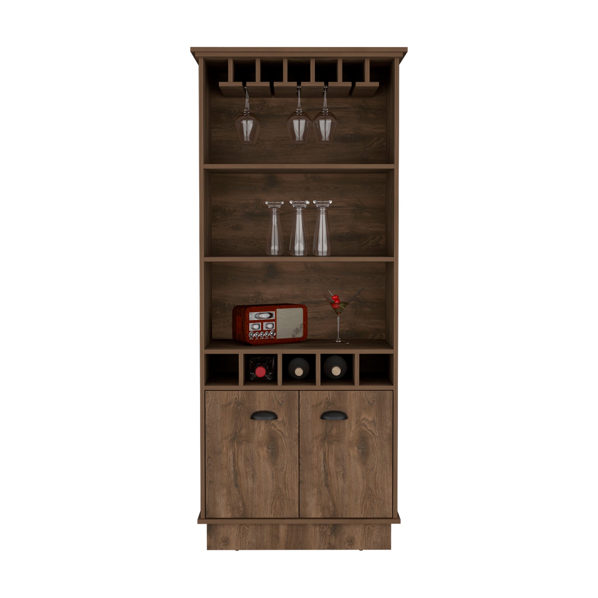 Bar Cabinet With Wine Rack 70"H, Upper Glass Cabinet, Three Open Storage Shelves And One Cabinet,Dark Brown Dark Brown Solid Wood Mdf Engineered Wood