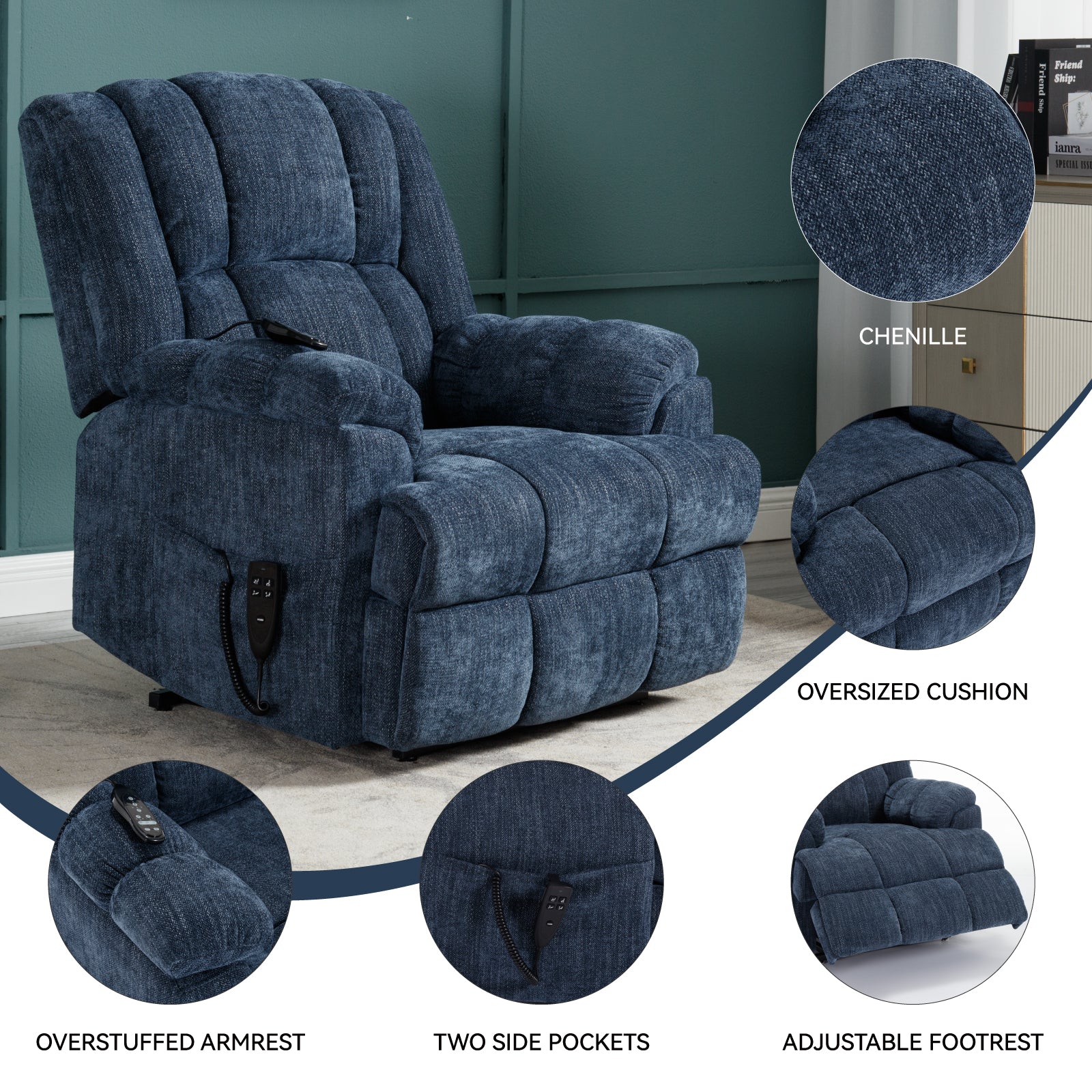 Dual Motor Heat Massage Infinite Position Up To 350 Lbs Electric Power Lift Recliners With Power Remote, Medium Firm And Heavy Duty, Blue Blue Chenille Power Remote Metal Primary Living Space Medium Firm Pillow Back Heavy Duty American Design Pine Pillow