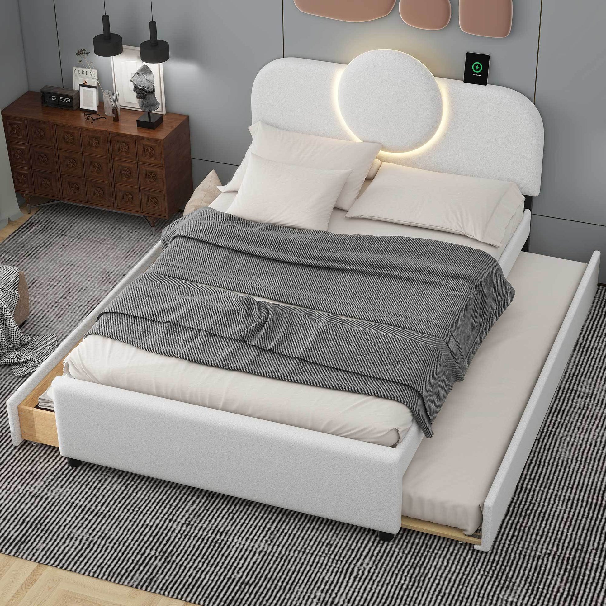 Full Size Upholstered Platform Bed With Multi Functional Headboard, Trundle And 2 Drawers, White Box Spring Not Required Full White Wood Bedroom Upholstered