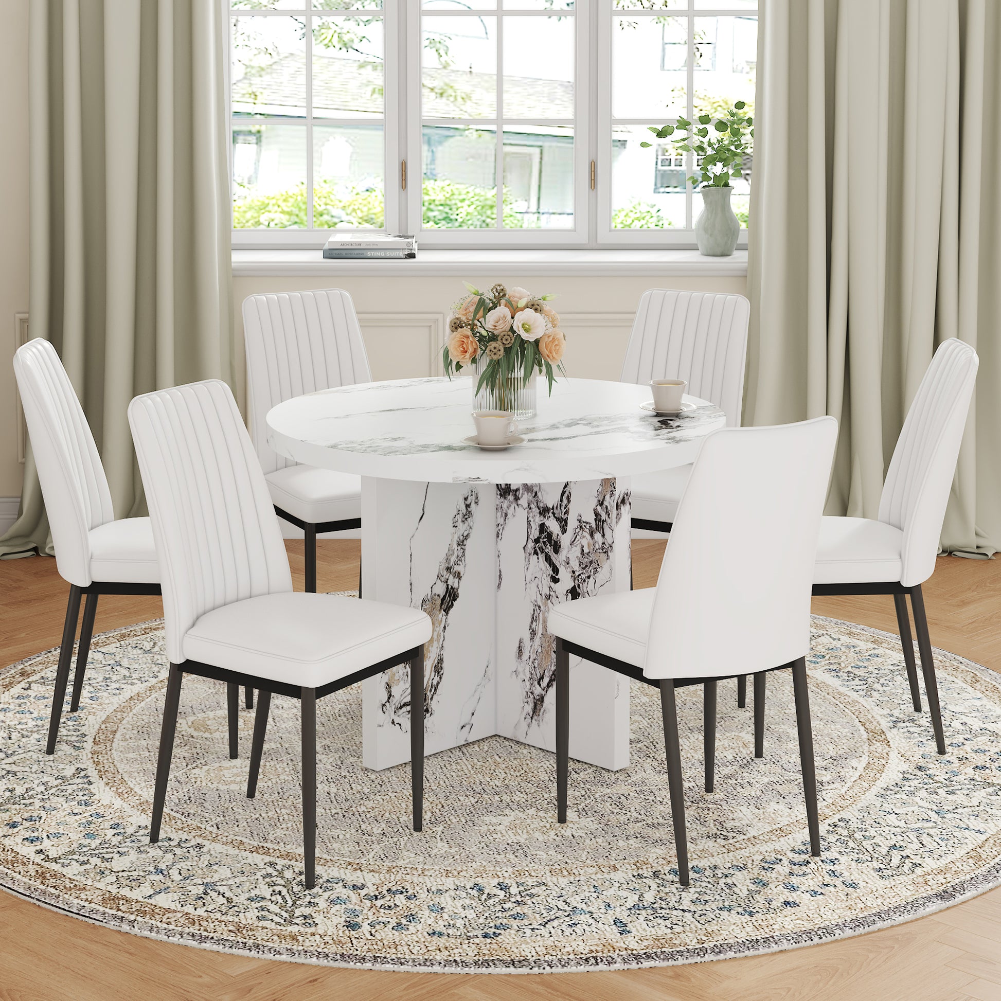 7 Piece Round Dining Table Set, 42 Inch Modern Round Table And 6 Upholstered Chairs For Dining Room, Kitchen Room, Living Room, Easy Assembly Metal White 42 Inches Modern Pedestal Round Mdf Mdf