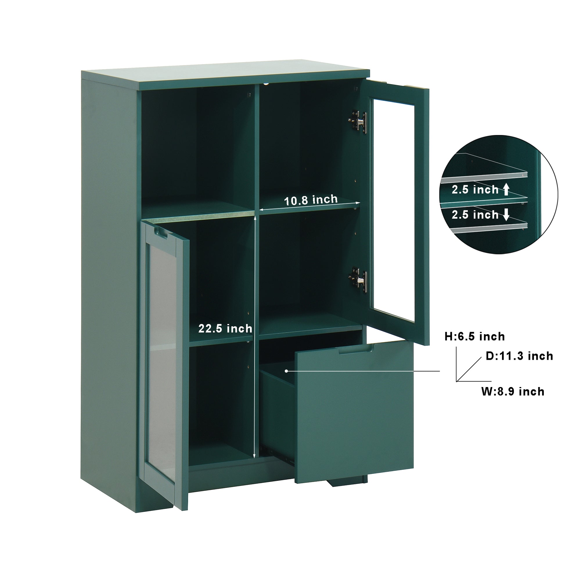 Wooden Floor Cabinet With 2 Glass Doors And 2 Storage Space,Blue Living Room Bathroom Entryway Green Green Mdf