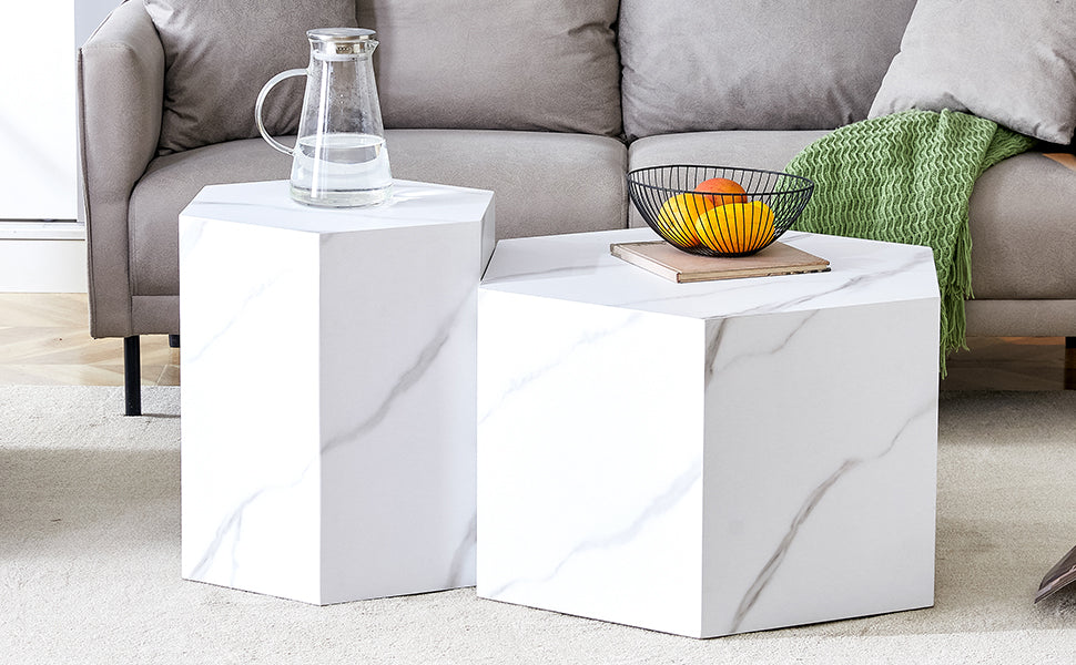 Modern Minimalist Style Hexagonal White Marble Patterned Mdf Coffee Table Set Two Piece Set .Complex Texture Patterns, Style And Texture Coffee Table To Redefine Your Interior Decoration. White Mdf