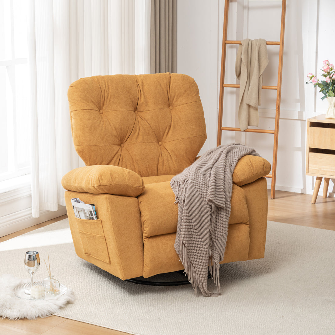 Yellow Relaxing Recliner Chair,Soft Artificial Fleece, Overstuffed, Swivel, Glider, Side Pocket Yellow Manual Push Button Wood Bedroom Medium Soft Tufted Back Heavy Duty Modern Push Button Oak