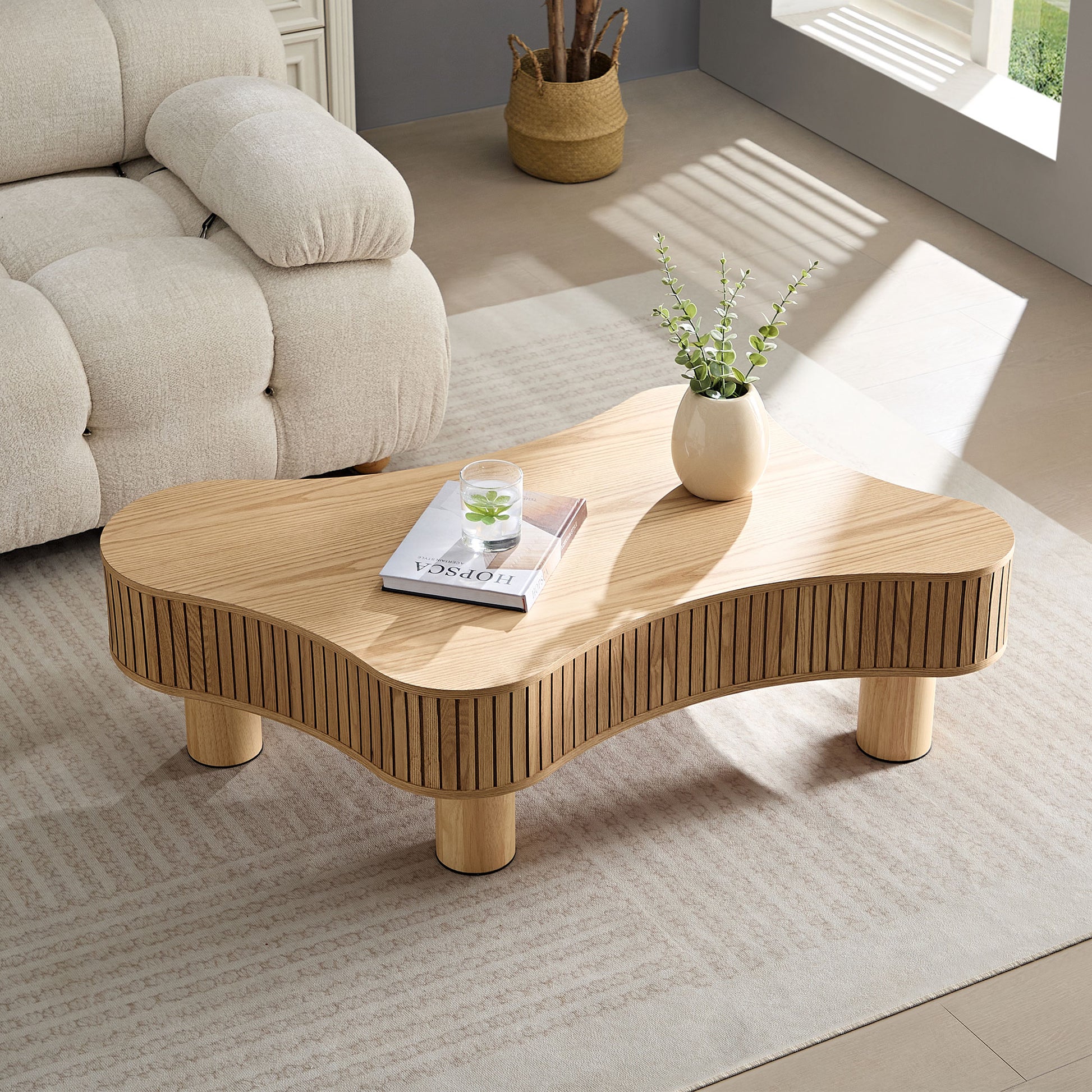 42.52 Inch Modern Wooden Handcraft Drum Coffee Table Irregular Shaped Coffee Table For Living Room,Small Coffee Table With Sturdy Pedestal,Natural Color Natural Solid Wood Mdf