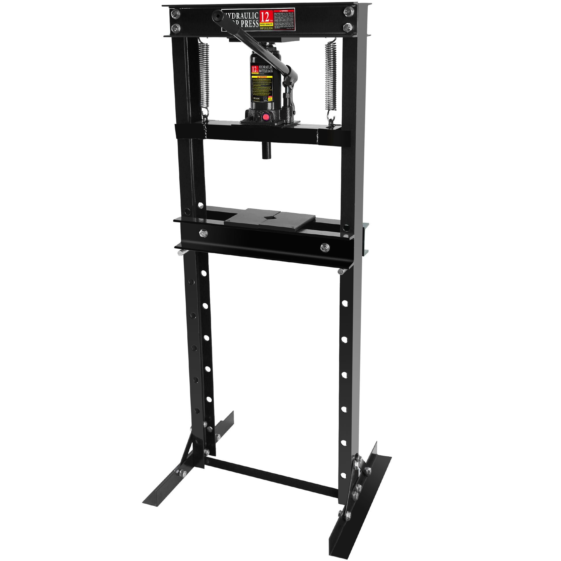 Hydraulic 12 Ton H Frame Garage Floor Adjustable Shop Press With Plates, 12T, Black Black Steel