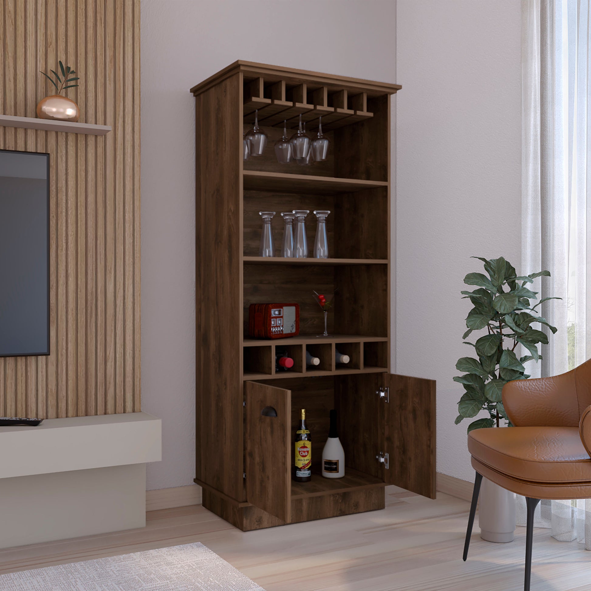 Bar Cabinet With Wine Rack 70"H, Upper Glass Cabinet, Three Open Storage Shelves And One Cabinet,Dark Brown Dark Brown Solid Wood Mdf Engineered Wood