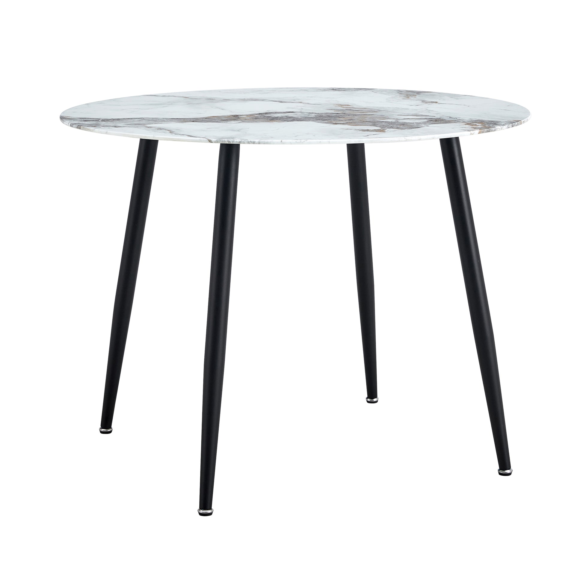 Table And Chair Set. Large Modern White Imitation Marble Patterned Round Table With Black Metal Legs. Nice Minimalism, Comfortable Seats And Black Metal Legs. White Gray Seats 4 Glass Metal