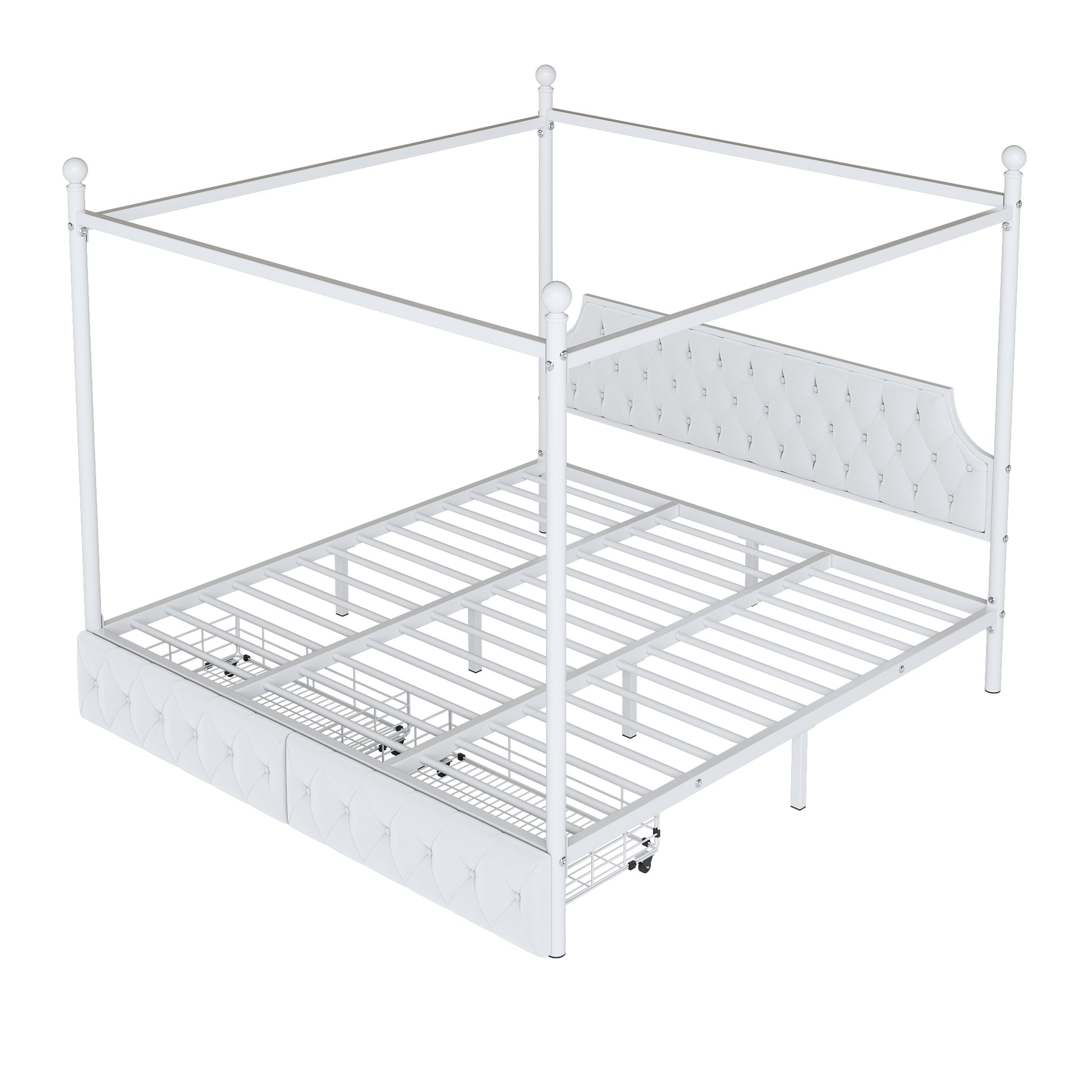 King Size Metal Canopy Platform Bed With Upholstered Headboard And Two Storage Drawers, White King White Metal