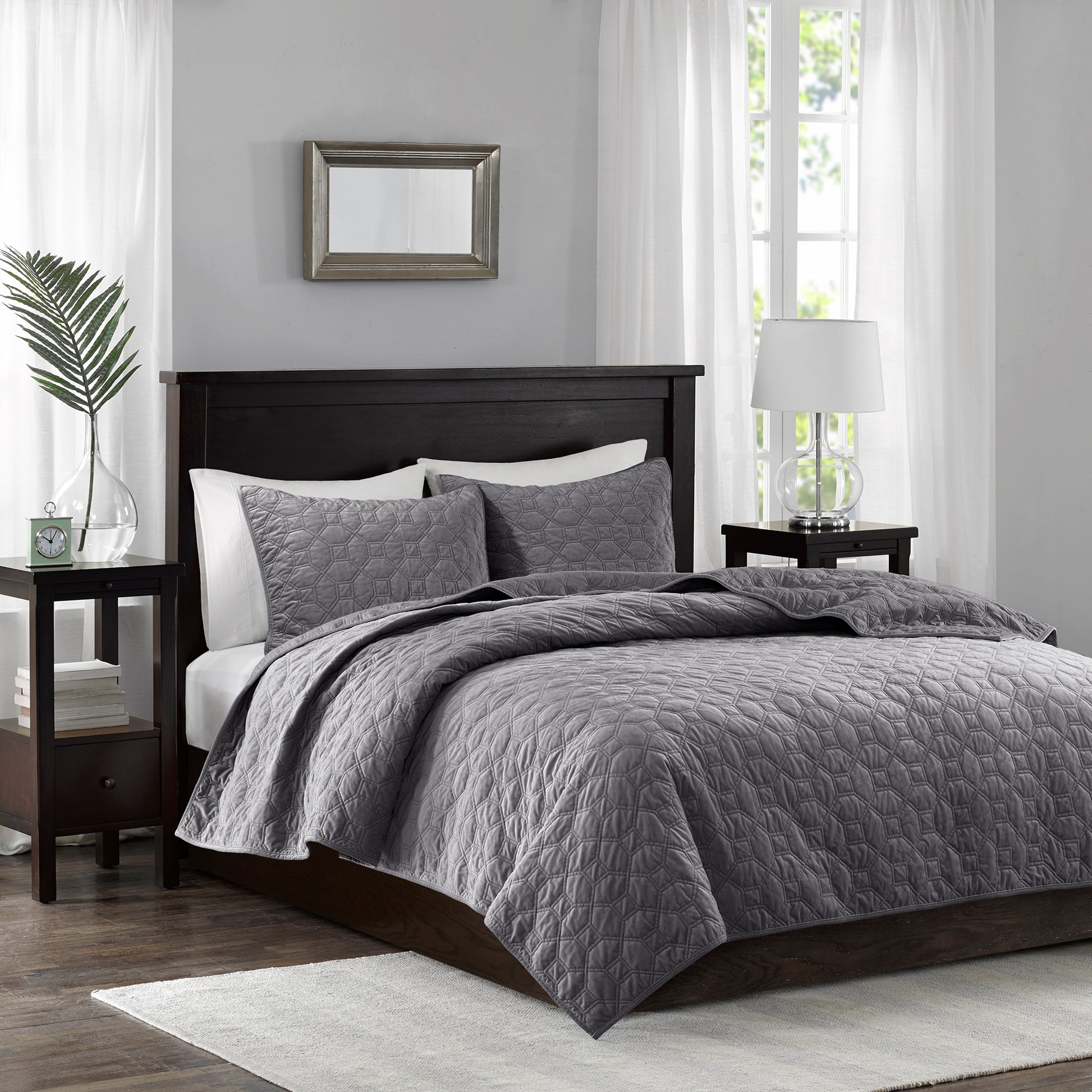 3 Piece Velvet Quilt Set Grey King Cal King King Grey Cotton
