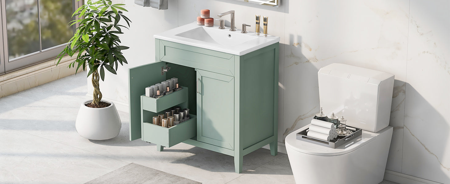 30" Bathroom Vanity With Sink, Multi Functional Bathroom Cabinet With Doors And Drawers, Solid Frame And Mdf Board, Green Green Solid Wood Mdf