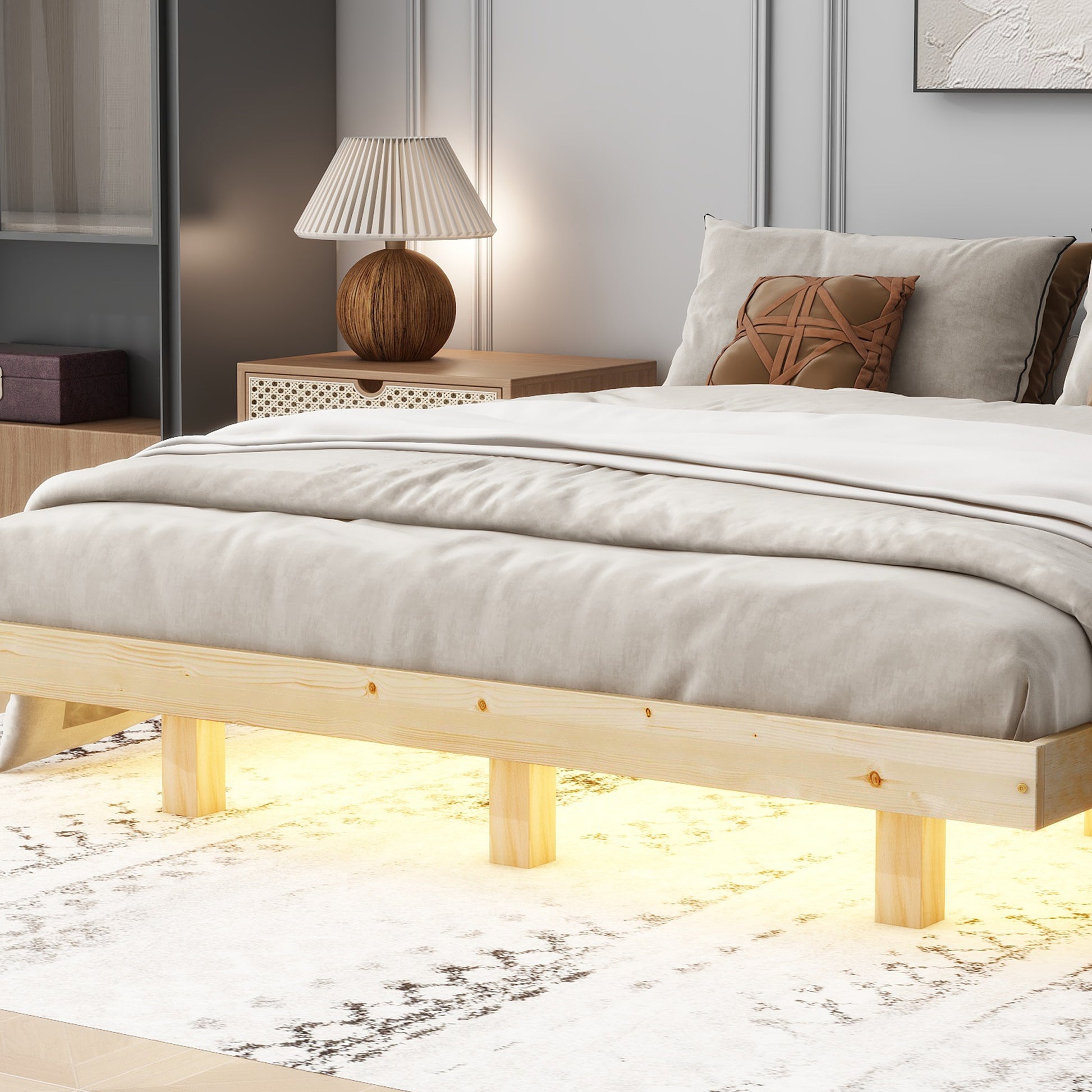 Queen Size Floating Bed With Led Lights Underneath,Modern Queen Size Low Profile Platform Bed With Led Lights,Natural Queen Natural Wood Bedroom American Design Pine Bed Frame Pine