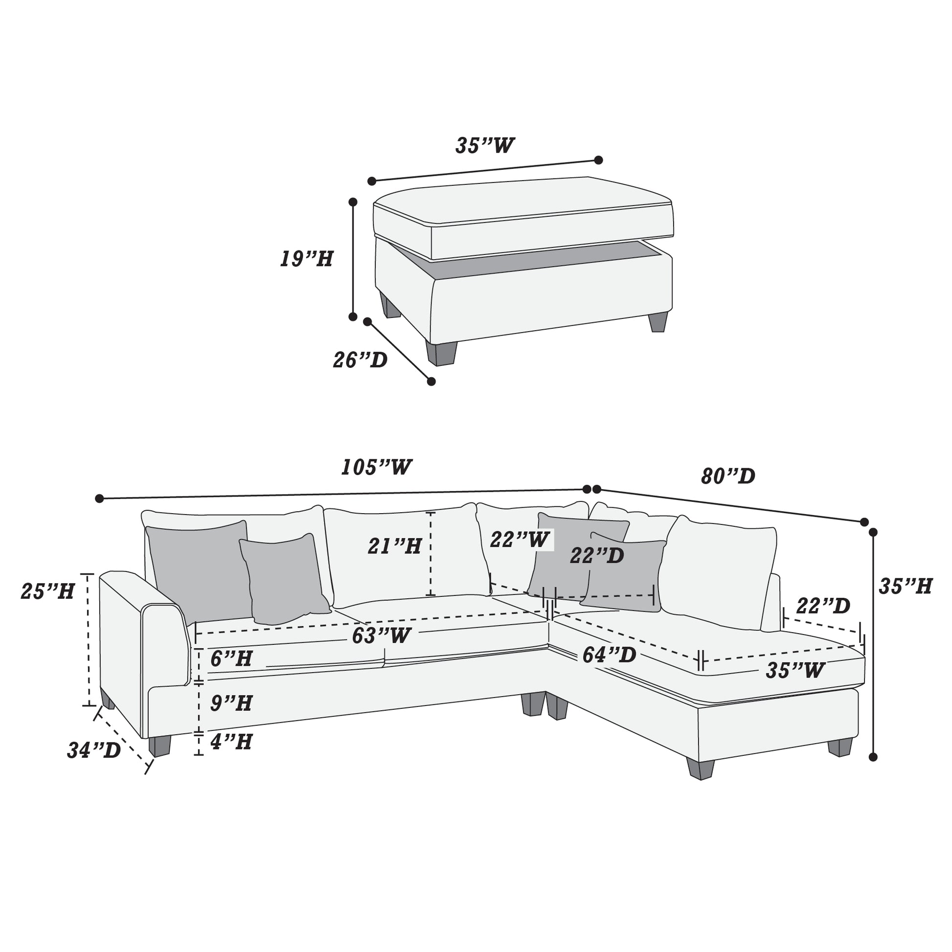 Beautiful 3 Pcs Sectional Sofa Light Grey Dorris Fabric Cushion Sofa Chaise Ottoman Reversible Couch Pillows Living Room Furniture Light Grey Wood Primary Living Space Cushion Back Contemporary,Modern L Shaped Rubberwood Particle Board 5 Seat