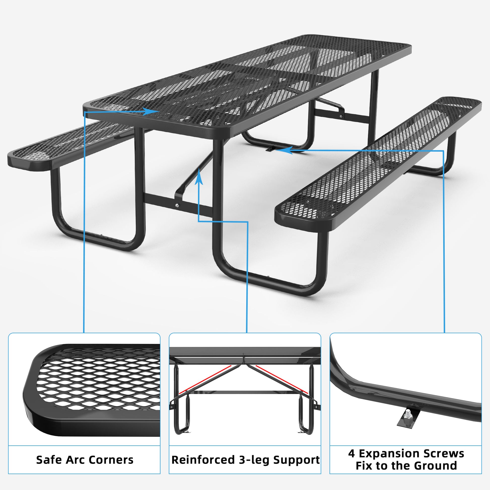 96" Expanded Metal Rectangular Picnic Table, Black Black Steel Steel