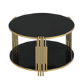 Modern Black Mirror Coffee Table, Asymmetrical Metal, Circular Metal Drum Base, Gold Finish & Lower Shelf Black Tempered Glass