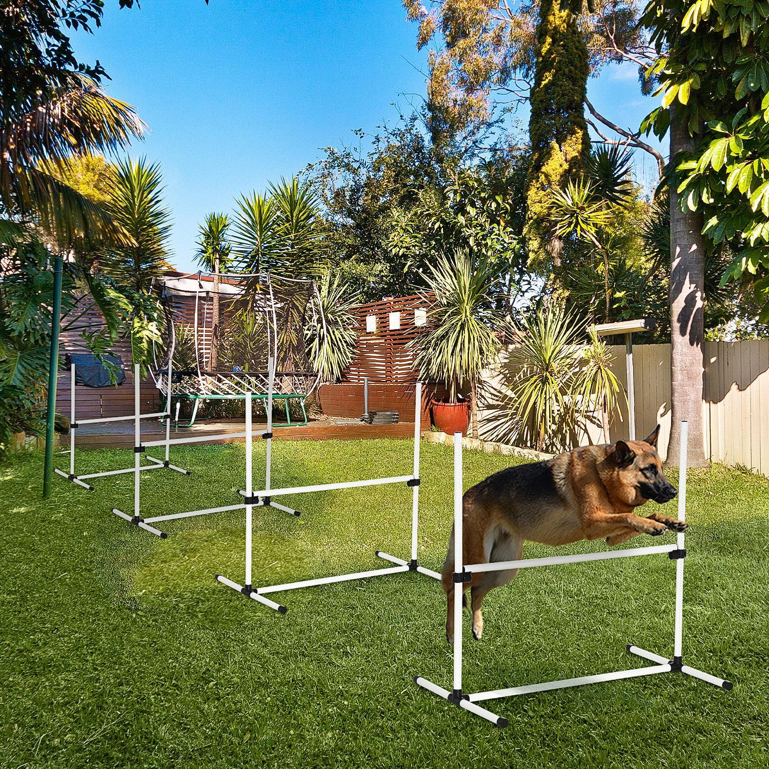 Pawhut 4 Piece Dog Agility Training Equipment For Dog Agility Course With Adjustable Height Jump Bars, Included Carry Bag, & Displacing Top Bar, White White Plastic