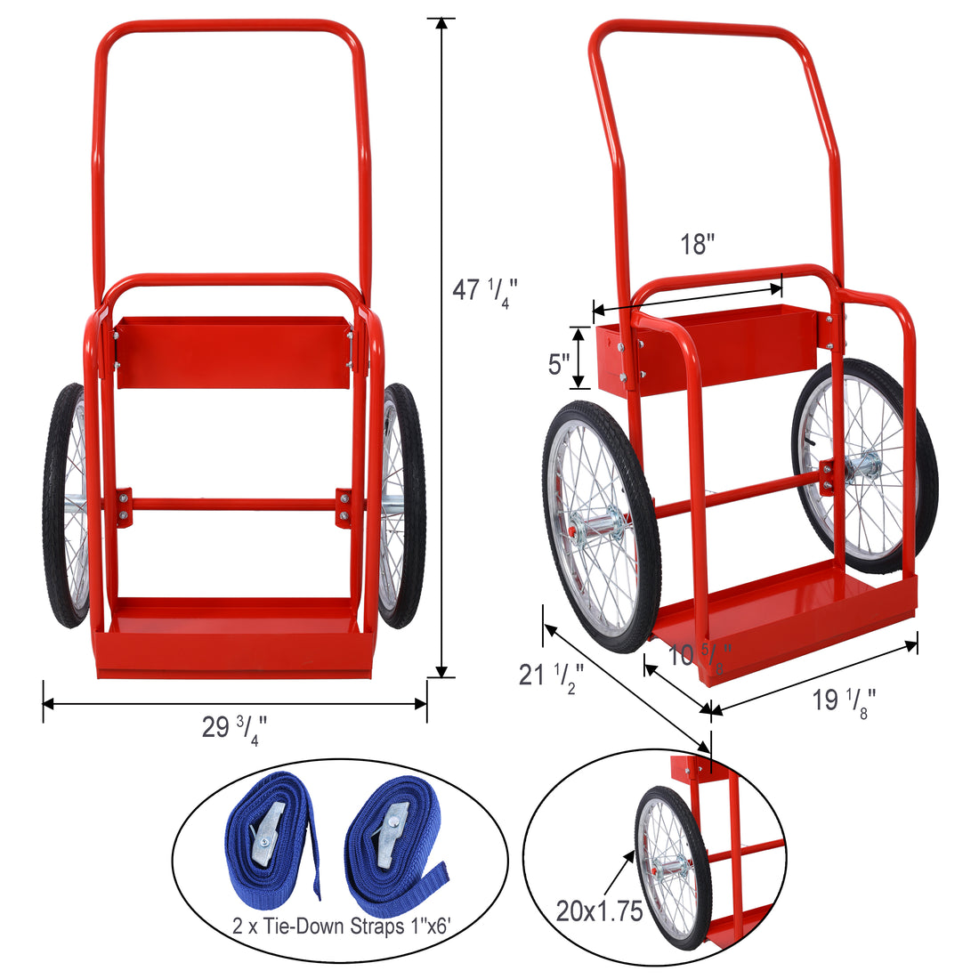 Large Dual Oxygen Tank Cart Dolly Double Cylinder Cart, 20" Pneumatic Wheels Includes Two Fastening Belts Red Steel