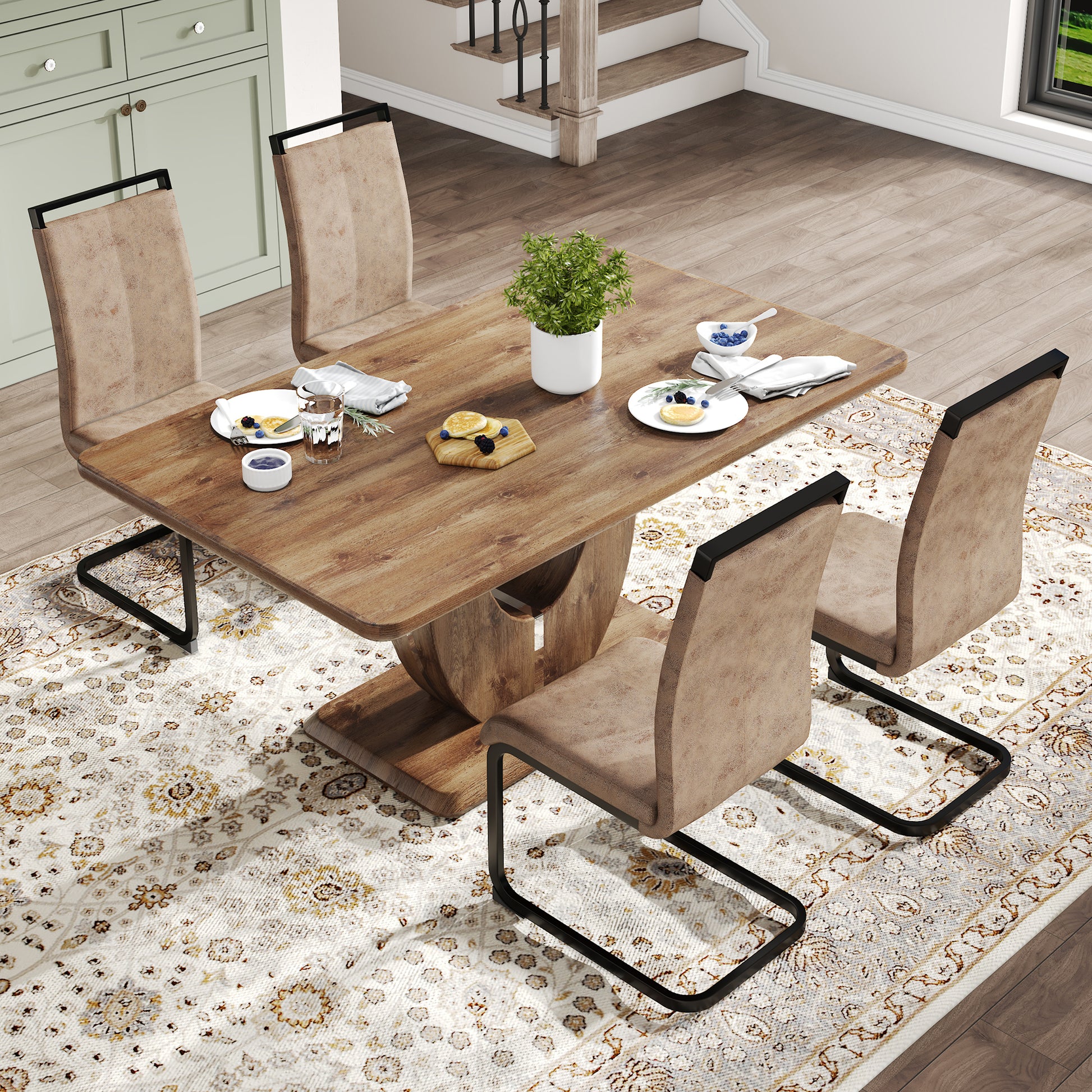 Table And Chair Set.Mdf Rectangular Dining Table, 4 Chairs With Technology Cloth High Back Upholstered Side Chair With C Shaped Metal Legs.Suitable For Restaurants, Living Rooms, Kitchen Brown Seats 4 Mdf Metal