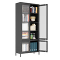 Large Metal Storage Cabinet Display Cabinet With 4 Glass Doors 5 Shelves Side Cabinet Bookcase Freestanding Cabinet For Bedroom Living Room Pantry Home Office Black, Waffle Grids Tempered Glass Freestanding 5 Or More Spaces Black Office Glass Doors