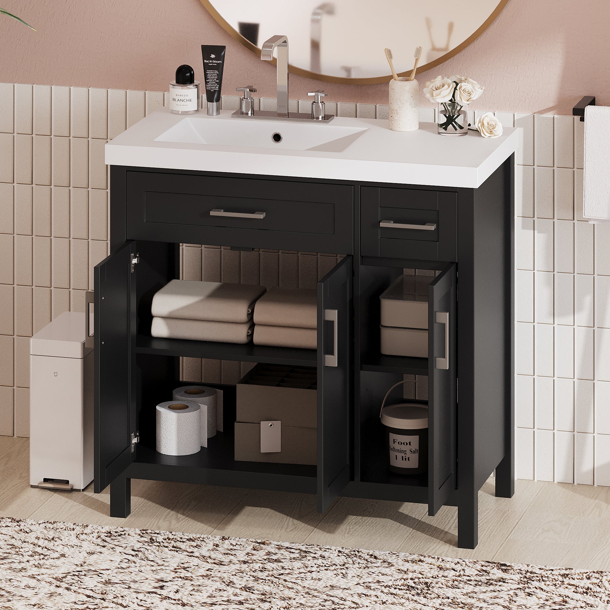 36" Black Bathroom Vanity Cabinet With Resin Integrated Sink 2 Drawers, 3 Doors Black Bathroom Solid Wood Mdf Resin