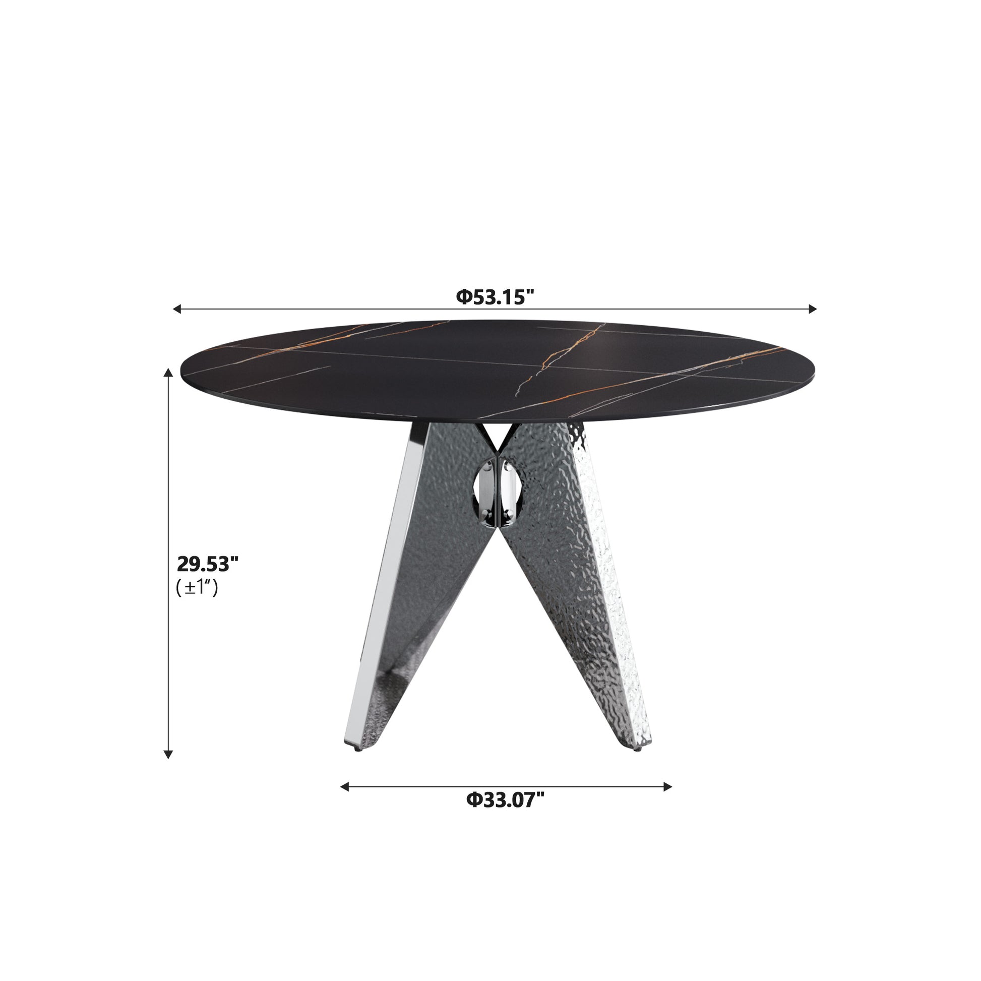 53" Round Marble Dining Table With Silver Stainless Steel Design Base, Artificial Marble For 6 People, Dining Room Living Room Kitchen Dining Table,Black Dining Table Only Black,Silver Dining Room