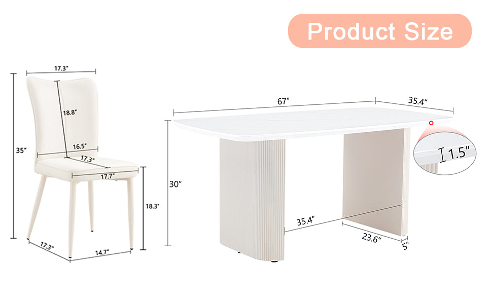 Table And Chair Set.67*35.4 Cream Style Mdf White Dining Table Set With 6 Cream Style Dining Chairs With A Vertical Line Design On Backrest.Adding A Warm And Gentle Atmosphere To Your Family. White