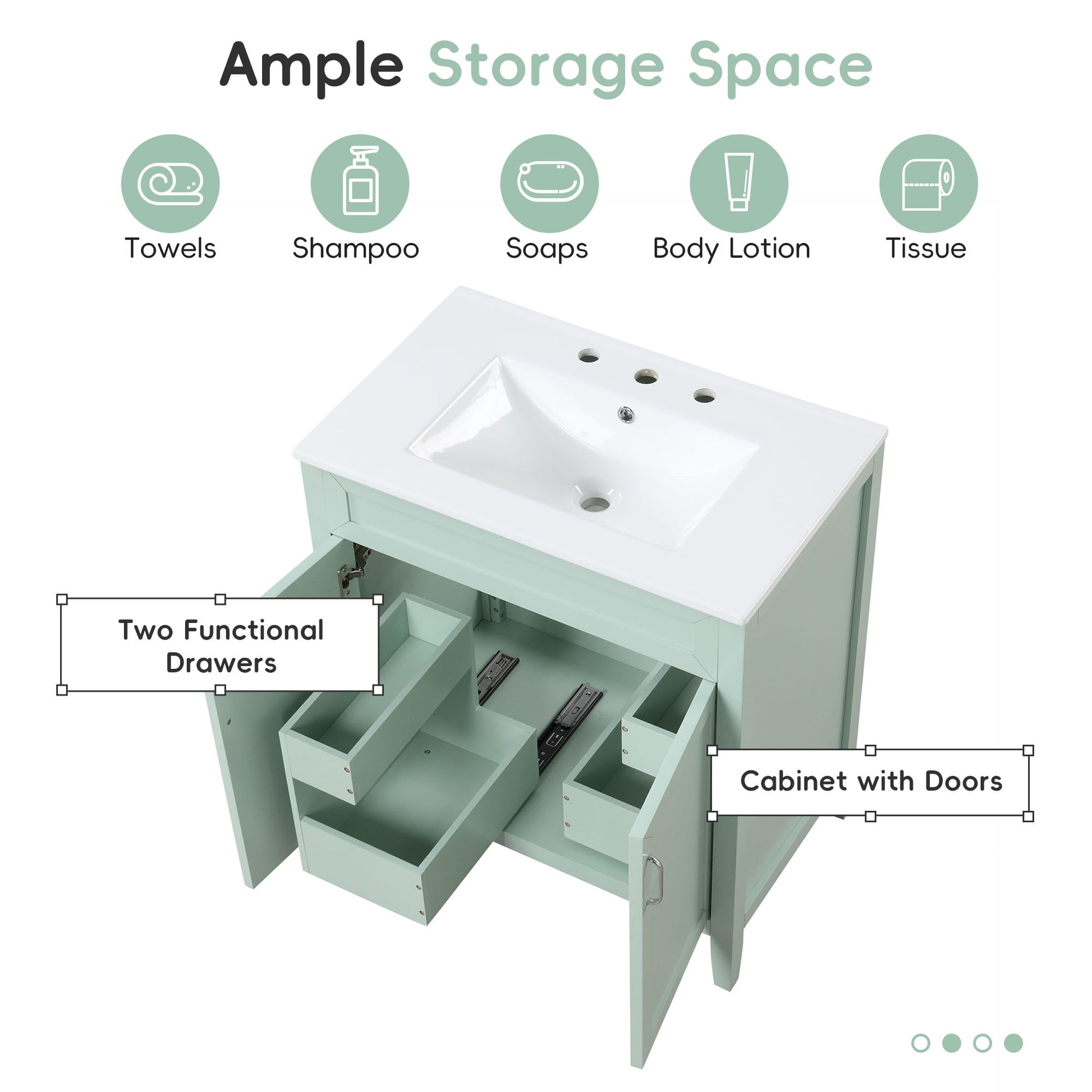 30" Bathroom Vanity With Sink, Multi Functional Bathroom Cabinet With Doors And Drawers, Solid Frame And Mdf Board, Green Green Solid Wood Mdf