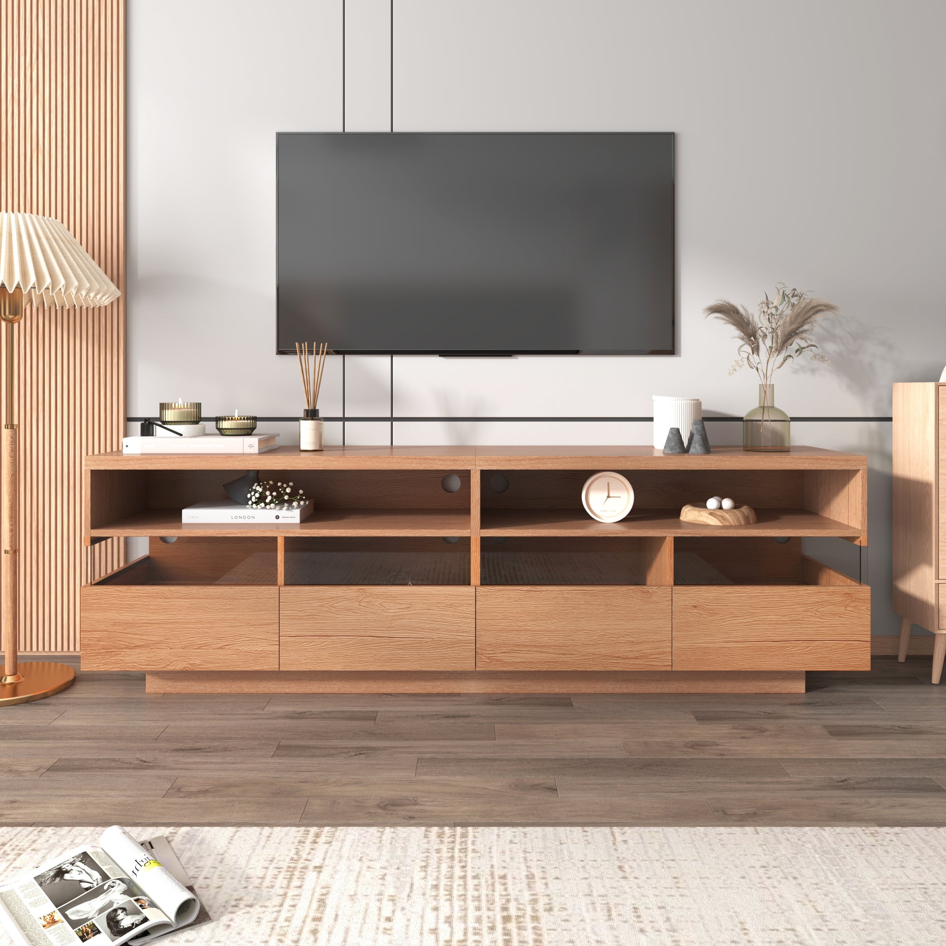 Modern Tv With 4 Drawers& 2 Open Cabinets, Media Console Table For Tvs Up To 75'', Entertainment Center With Acrylic Transparent Storage Space For Living Room, Bedroom, Home Theatre Wood Red Primary Living Space 70 Inches 60 69 Inches 70 Inches Particle