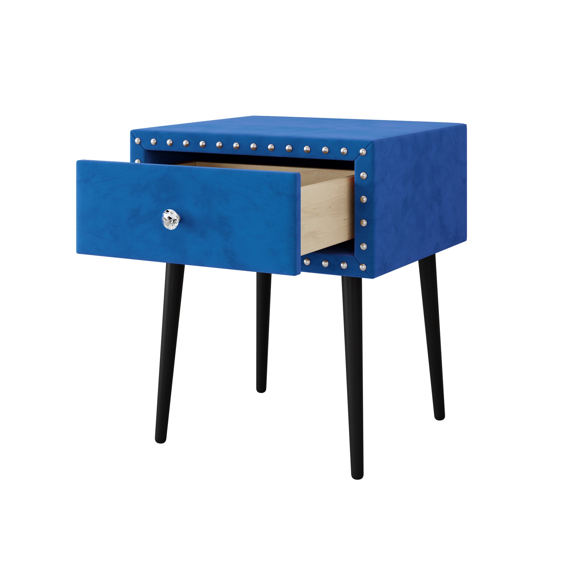 Modern Nightstands Set Of 2 With Drawer And Crystal Handle, Elegant Rivet Velvet Design Bedside Table For Bedroom, Blue Blue 1 Drawer Bedside Cabinet Mdf