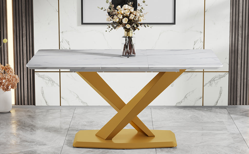 Large Modern Minimalist Rectangular White Imitation Marble Dining Table For 6 8 People With Mdf Top And Golden Legs, F 1551 Gold Mdf