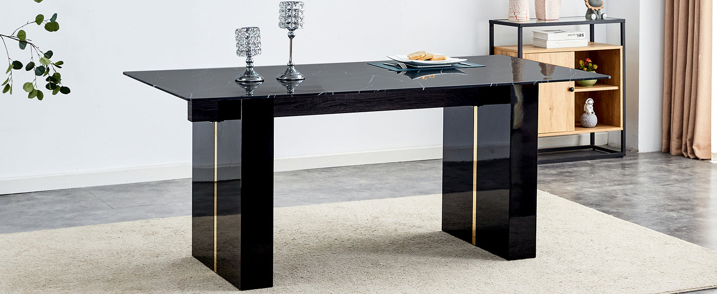 Large Modern Rectangular Table With 0.39 "Black Patterned Top And Large Mdf Legs, Suitable For Kitchen, Dining And Living Room 71" * 35.4 "* 30" 1546 Black Mdf Glass