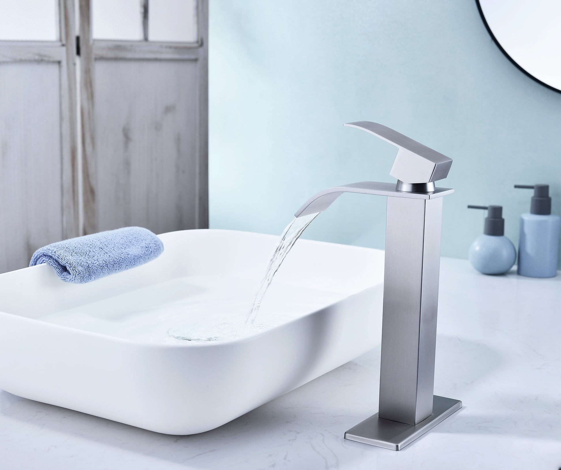 Waterfall Spout Bathroom Sink Single Handle Faucet With Pop Up Drain No Overflow Brushed Nickel Stainless Steel