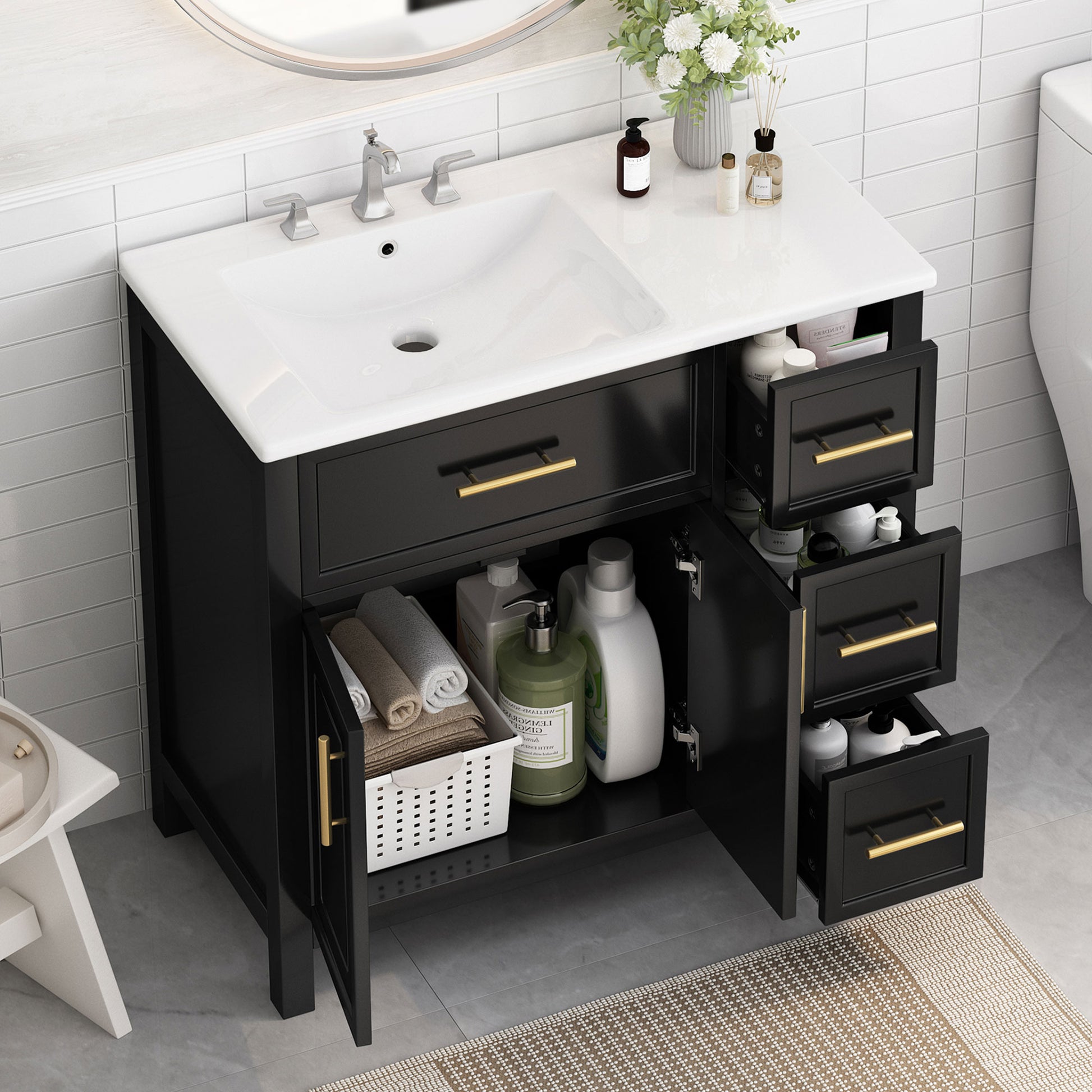 36" Bathroom Vanity With Sink Top, Bathroom Vanity Cabinet With Two Doors And Three Drawers, Solid Woodmdf Boards ,One Package, Black Black Solid Wood Mdf
