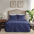 3 Piece Split Corner Pleated Quilted Bedspread Navy Queen Navy Polyester