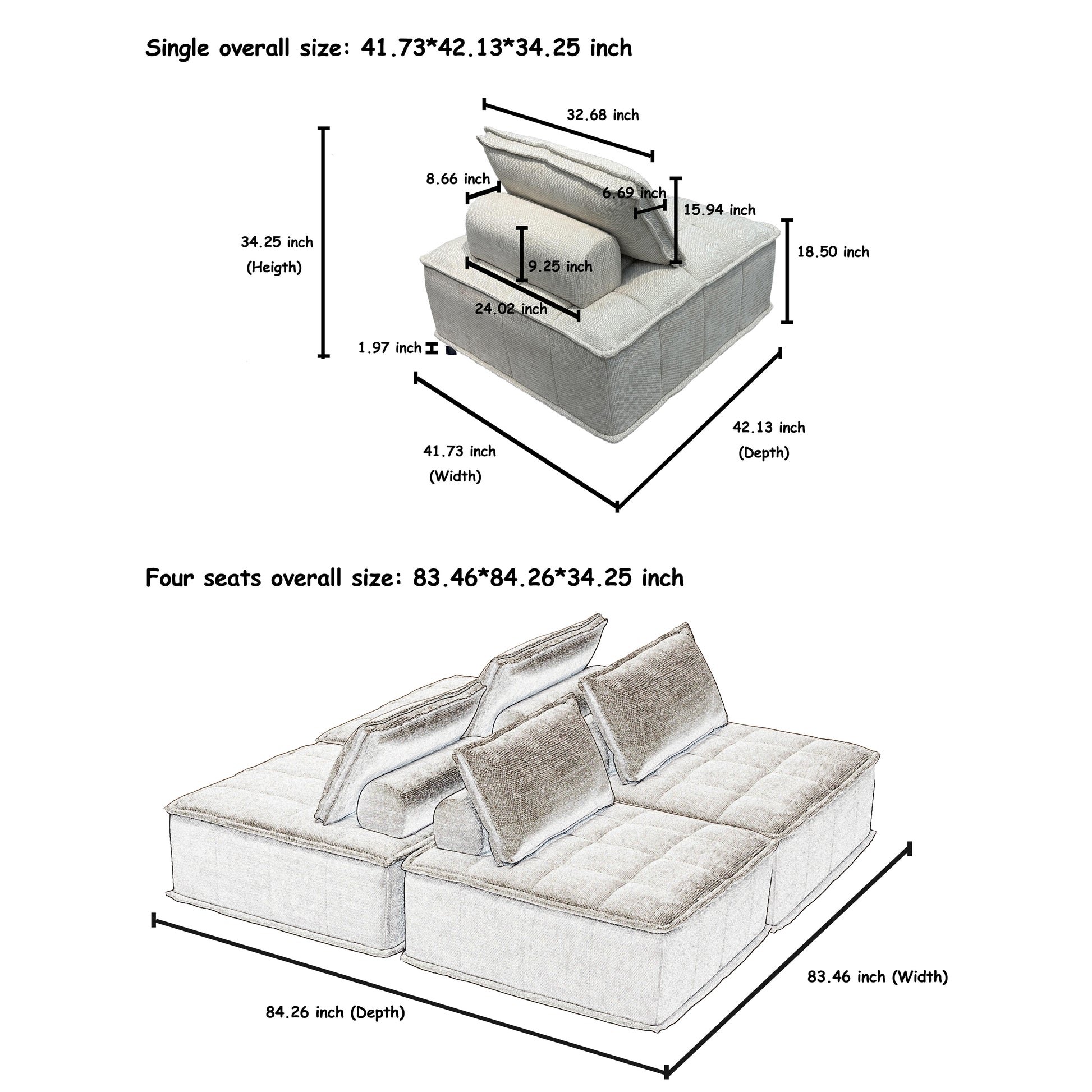 Oversized 4 Module Square Sofa Comfortable And Movable Modular Design For Ultimate Flexibility Beige Color Chenille Sofa 4Pieces Beige Chenille 4 Seat