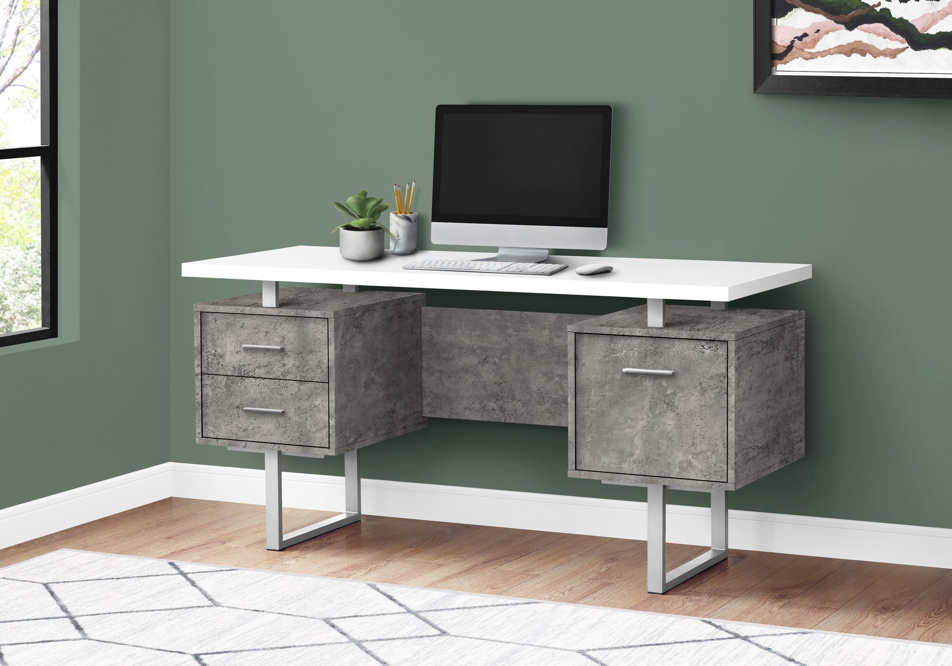 Computer Desk, Home Office, Laptop, Left, Right Set Up, Storage Drawers, 60"L, Work, White And Grey Concrete Laminate, Grey Metal, Contemporary, Modern White Particle Board