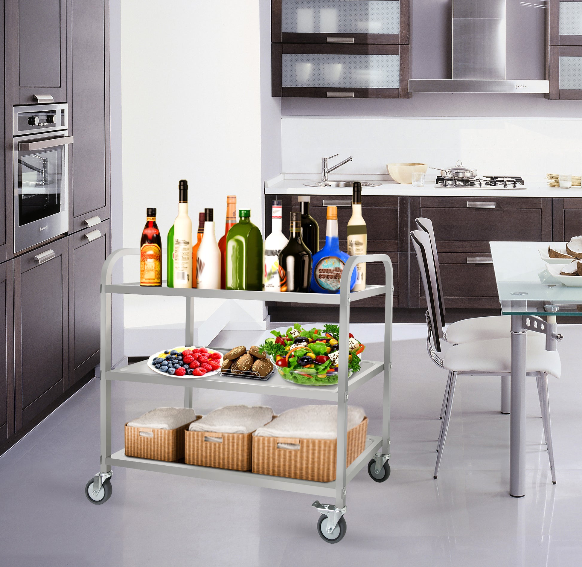 3 Tier Stainless Steel Cart, Serving Cart With Wheels, Restaurant, Household, Service Trolley, 360 Rotation Storage Cart With Locking Wheels 37.4 * 19.2 * 36.6'' L*W*H Rolling Kitchen Food Cart White Silver Stainless Steel
