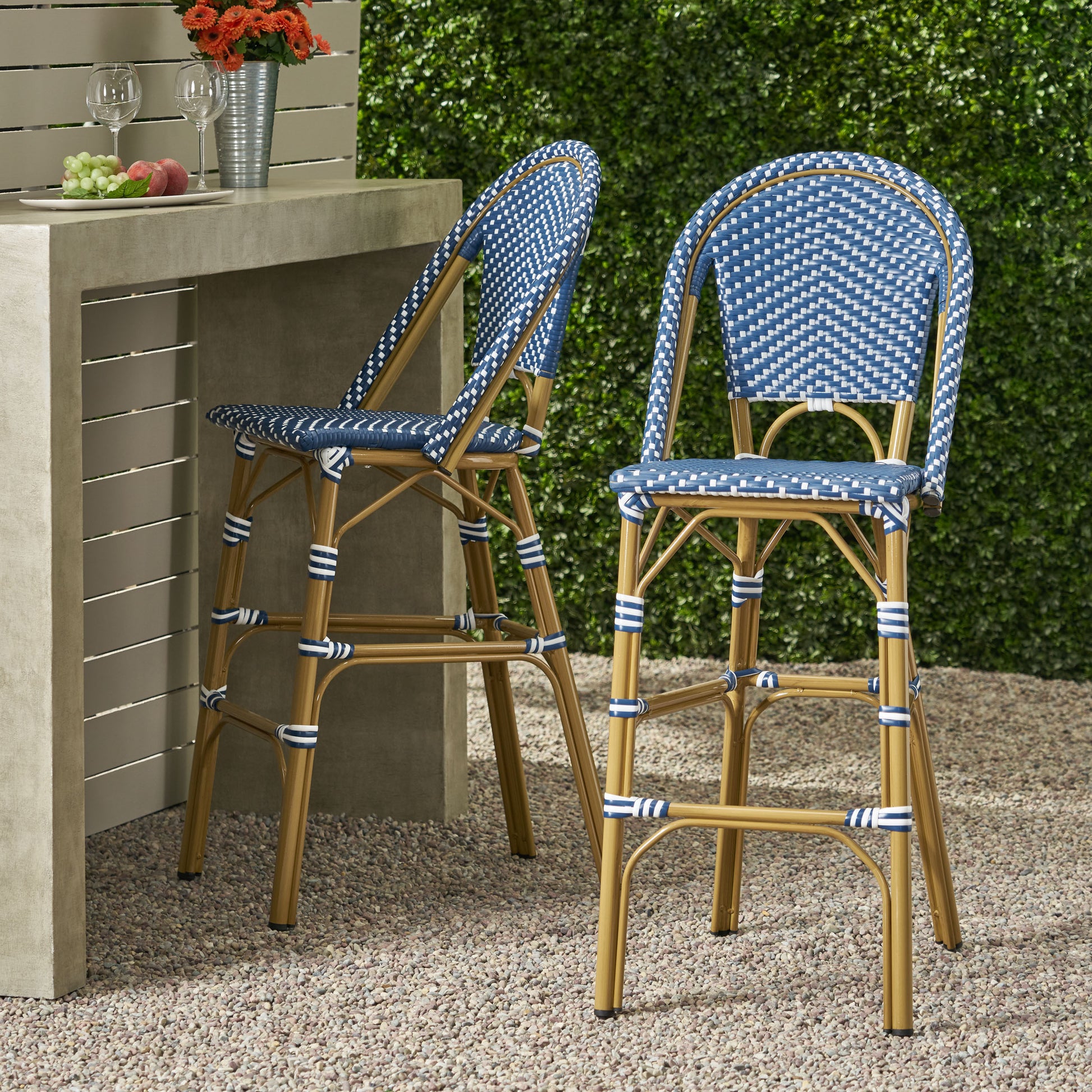 29.5" Outdoor Pe Rattan French Barstool, Dark Teal And White, Aluminum Frame With Bamboo Finish Set Of 2 No Teal Blue,White Rust Resistant Frame Garden & Outdoor French 2 Person Seating Group